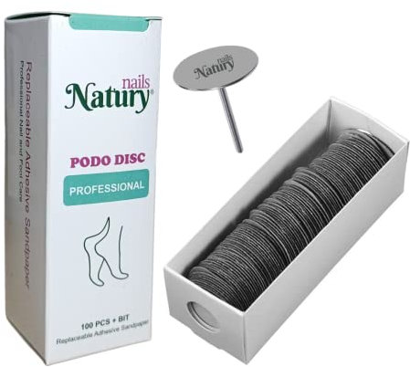 Natury Nails Podo Disc Ersatz-Schleifscheiben, 100 Stück, mit einer Stärke von 25 mm und Basisaufsatz für Nagelfräser Aufsatz für Pediküre, Hornhaut- und Schwielenentfernung (mittlere Körnung).