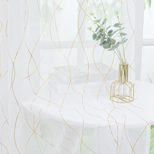 Yujiao Mao Voile transparent gardin med glans ränder tryck, morder vardagsrum gardiner, guld med veckband, B x H 140 x 245 cm, (1-pack)