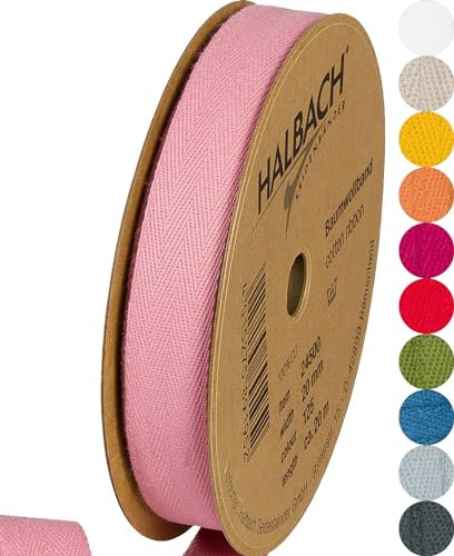 Halbach Seidenbänder Baumwollband 20 mm x 20 m, Bänder zum Basteln als Meterware, Stoffband für Dekorationen, Webband 100% Baumwolle für DIY Handwerk, Schrägband für Näharbeiten, Farbe: rose, 24500