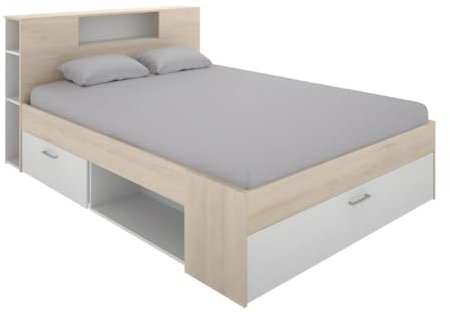 Vente-unique Lit avec tête de lit rangements et tiroirs - 140 x 190 cm - Coloris: Naturel Clair et Blanc - Leandre