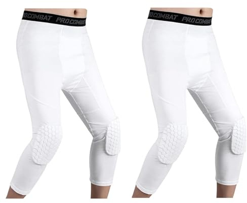 HULG Pantalones De Baloncesto con Rodilleras, Pantalones De Baloncesto para Hombre con Rodilleras 3/4 Capri Medias De Compresión Acolchadas Leggings Sports Protector Gear (White,S)