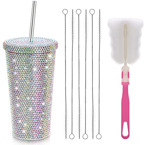 Mezchi 500ml Studded Bling Diamond Tumbler, Glitter Tumblers with Lid, Sparkly Stainless Steel Thermal Drinking Water Cup, Rhinestone Tumbler with 1 Pcs Brush 6 Pcs Straw Brushes for Women, Gift