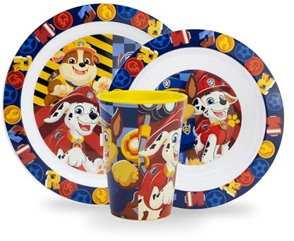 Sorrisini Vajilla Infantil para Niños Paw Patrol, Vajilla Reutilizable apta para microondas, Juego de Platos Irrompibles de Plástico Plato, Cuenco para Cereal, Cubiertos, Taza 260ml, sin BPA