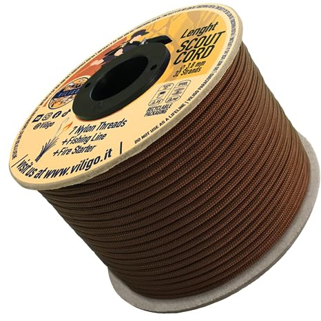 VILIGO Scout Cord Nylon fläta (3,8 mm) - bestående av 7 nylontrådar, 1 lina och 1 Jute String - Survival Rope för camping och utomhusaktiviteter (15 m, Woody)
