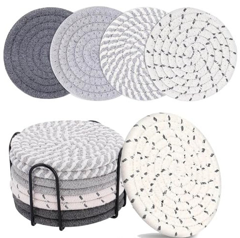 OPPOLIFE 8 Pcs Coasters for Drinks, 4 Colors Absorbent Coasters with Holder, Heat-Resistant Cotton Woven Coaster Set for Home Decor Tabletop Protection Suitable for Kinds of Cups, 4.3 Inches
