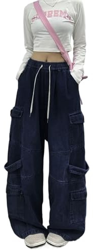 Skateboard Frog Baggy jeans dam denim cargo breda joggingbyxor herr Y2K fallskärmsbyxor med fickor, Mörkblå, L