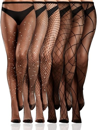 Ramede 6 Pairs Rhinestone Fishnet Stockings for Women Thigh High Waist Sparkly Tights Mesh Glitter Pantyhose for Halloween(Rhinestone Black,M)