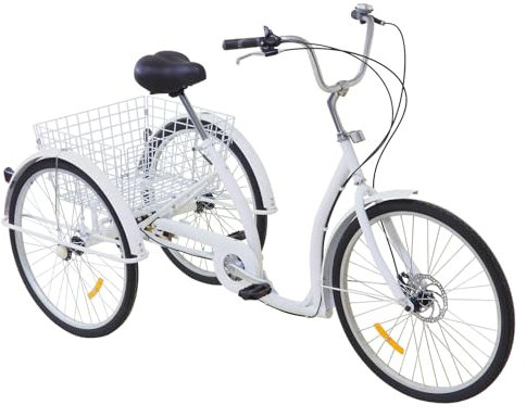 LANNADD 26 Zoll Erwachsene Dreirad, 6-Gang 3 Räder Mit Einkaufskorb Weiß Dreirad, Dreirädriges Fahrrad Senioren Städtisches Gut Geeignet für Städte Strände Radwege und Alle Arten Von Straßen