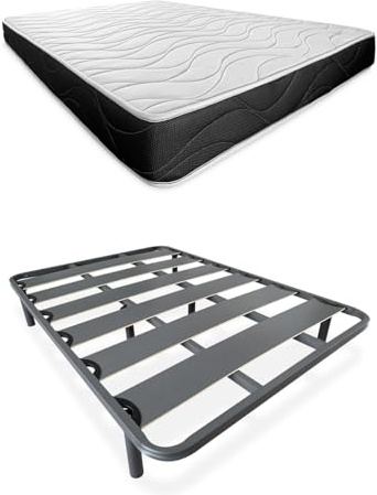 Somnia Descanso - Cama Completa con Colchón Bombay Reversible + 2 Almohadas + Somier de Láminas Reforzado con 6 Patas Cilíndricas Metálicas Roscadas, 150 x 190