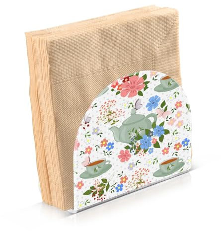 Kcldeci Acrylic Napkin Holder,Teapots Cups and Butterfly Clear Napkin Holders for Tables Kitchen Restaurant Home Decor, Modern Decorative Holder for Dinner Paper Cocktail Napkins 1Pack