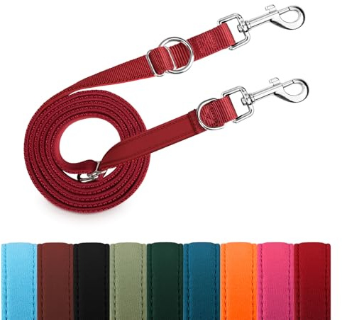 PETCOOZ Hundeleine 2 m Verstellbare Schleppleine mit 2 Karabiner, Verdickte Doppelleine Führleine für Kleine Mittelgroße Hunde, Freihandleinen Übungsleine aus Nylon, Weinrot