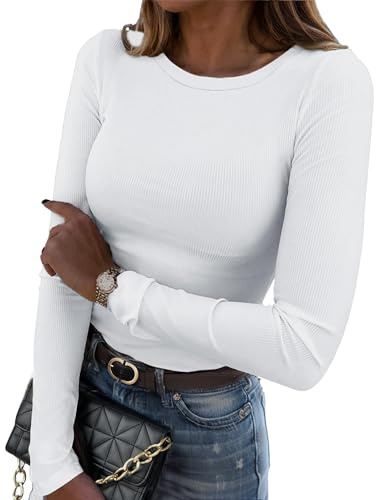 Zeagoo Camiseta de Manga Larga para Mujer T Shirt de Punto Acanalado Camisas Elegantes con Cuello Redondo Camisetas Slim Fit Elástico Jersey Blanco M