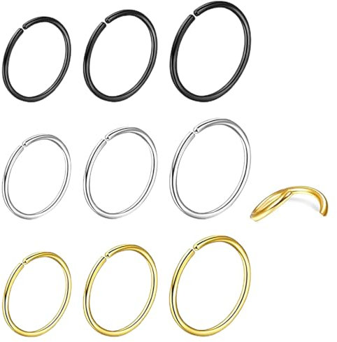 9er-Pack Nasenring-Piercing, dünner Ring, medizinischer Edelstahl-Scharnier-Nasenring, Nasenloch-Mittel-Septum-Ring, Damen und Herren, 6 mm/8 mm/10 mm, Stahl/Schwarz/Gold