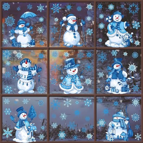 Decorazione per finestra con fiocchi di neve, immagini di Natale, decorazione per finestre rimovibili, statica in PVC, per porte vetrine (blu)