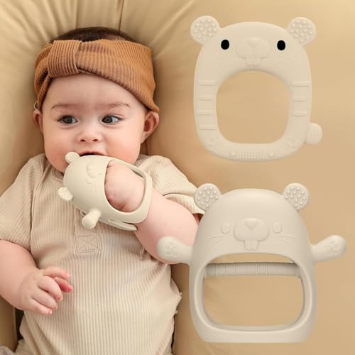 2pcs Silicone Baby Teething Toys, Self-Soothing Healthy Oral Development Teething Mittens, BPA Free, Anti-Drop, Adorable and Colorful Baby Chew Toys for Sucking Needs (Beige)