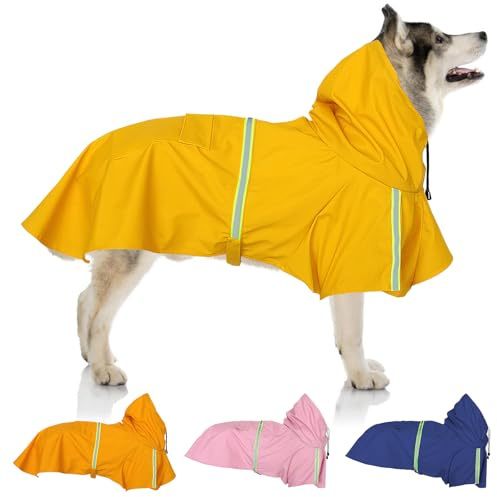 SilverChry Imperméable Chien Grande Taille, Veste Imperméable pour Chien, Etanche et Coupe-Vent Manteaux Imperméables pour Chiens, Chiot Poncho de Pluie avec Bandes Réfléchissantes (Jaune, 4XL)
