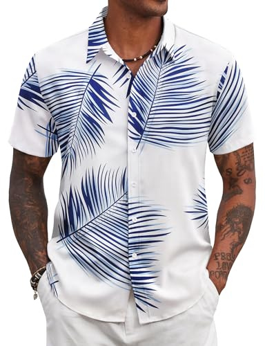COOFANDY Hawaiian Shirt Men Short Sleeve Holiday Shirt Summer Beach Shirts Floral Tropical Shirts Casual White & Blue Leaf M