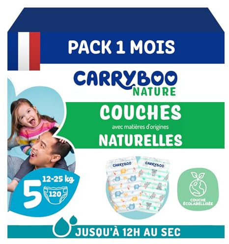 CARRYBOO - Couches Taille 5 (12-25kg) - Peaux sensibles - Naturelles et Ultra absorbantes - 12h Anti-fuites - Sans ingrédients indésirables - Fabriquées en France - 120 Couches - Pack 1 Mois