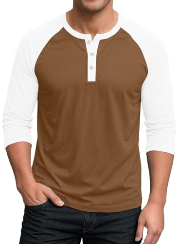 Chemise de baseball à manches 3/4 pour homme - Col Henley - Patte boutonnée - T-shirt athlétique décontracté - Mélange de coton et d'élasthanne - Manches contrastées pour le sport et les vacances