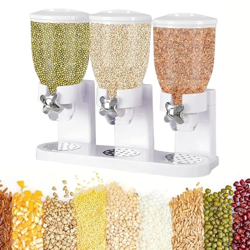 SANON Cereal Dispenser Containers, Triple Dry Food Cereal Dispenser Dry Food Canister Storage Container Kitchen Storage Dispenser for Cornflakes Candy Nuts Beans Granola, White