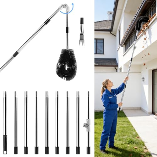 Nettoyeur Gouttière Télescopique 4m – Grattoir Inox & Brosse Nylon, Manche Réglable, Outil 2-en-1 pour Feuilles, Boue, Débris
