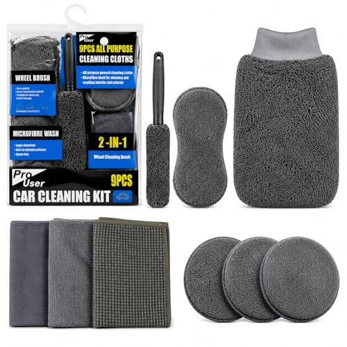 Qibivfo Kit Limpieza Coche 9 Piezas, Detailing Coche con Guante de Microfibra, Cepillo para Llantas, Esponjas de Pulido, Esponja de Lavado y Paños para Interior y Exterior del Automóvil