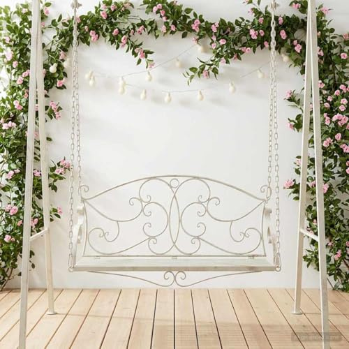 sephironlbb Banc à bascule en acier blanc vieilli - 110 x 52,5 x 47 cm - Pour jardin, terrasse, balcon, résistant aux intempéries - Avec cadre en métal solide - Siège à bascule confortable pour salon