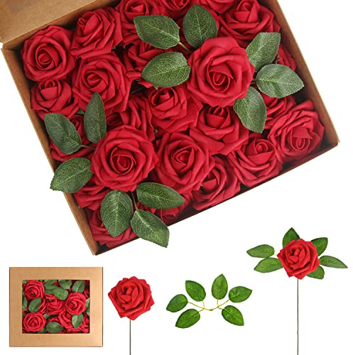 LOKIPA Artificial Rose Flowers, 50 PCS Foam Red Roses Flowers Real Looking Artificial Foam Fake Roses with Stems Decoration DIY for Wedding Bouquets, Arrangements Party Home Decorations (Red, 50PCS)