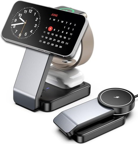 Cargador de inducción iPhone, Cargador magnético 3 en 1 Apple for mag-Safe iPhone 15 14 13 Pro MAX, Cargador inalámbrico para iwatch 9 Ultra 8, Wireless Charger for Airpods Pro 3/2 with Light