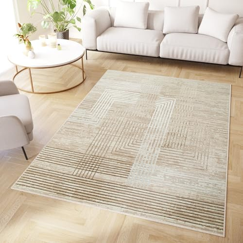 TAPISO Crystal Tappeto Pelo Corto Lucido Effetto 3D Design Moderno Motivo Astratto Geometrico Linee Simmetriche Beige Marrone Crema Soggiorno Sala Camera OEKO-TEX 180 x 250 cm