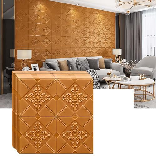 HAILM 3D-Wandpaneele 70x70cm, Selbstklebende Peel und Stick, Schaum Blume Strukturierte Tapete, für Schlafzimmer, Küche, Kamin, 12 Pieces (63,3 Sq. Ft. Abdeckung),Gold