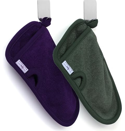 Belmalia 2x Peeling-Handschuh aus Naturfaser | Body Scrub Schwamm entfernt Abgestorbene Haut | Peeling Duschschwamm für Hamam, Spa, Wellness | Körperpeeling Badeschwamm mit 2 Metallhaken | Lila + Grün