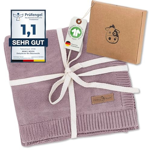 Minky Mooh Babydecke Bio Baumwolle, Oeko-Tex 100, Kuscheldecke, Strickdecke, Krabbeldecke & Puckdecke, Geschenk zur Geburt & Erstausstattung- 94x72 cm, Flieder