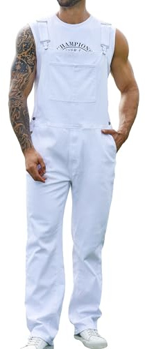 Yuanbang Overalls for Men Work Utility Coveralls Fashion Bib Romper Jumpsuit with Zipper Fly(White,L)