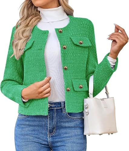 HUEOBIR Women's Tweed Blazers Jackets Casual Long Sleeve Button Down Business Short Casual Cropped Coats(Green-L)