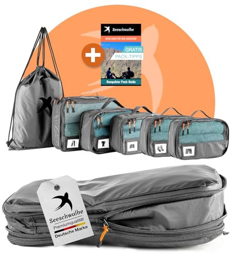 SEESCHWALBE Packwürfel Set mit Kompression | Packing Cubes | Packtaschen & Gepäck Organizer für Rucksack & Reise Koffer | Extra leichte Kleidertaschen als Koffer Organizer (6-teilig, grau)