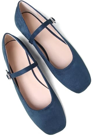 Stunner Mary Jane Flats for Women Soft Square Toe Velvet Flat Shoes Elegant Flats with Strap Blue 41(8.5)