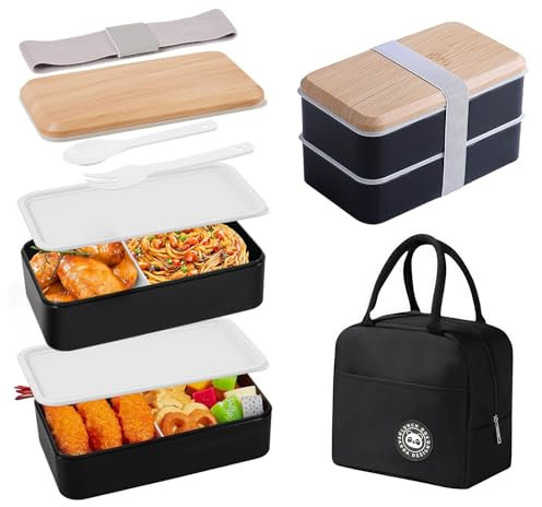 Ruucy Bento Lunch Box avec Sac Isotherme, 1400ml 2 Couches Boite Repas Compartiment pour Adulte et Enfant, Micro Onde, Hermétique Boîtes Bento pour Travail École Pique Nique (Noir)