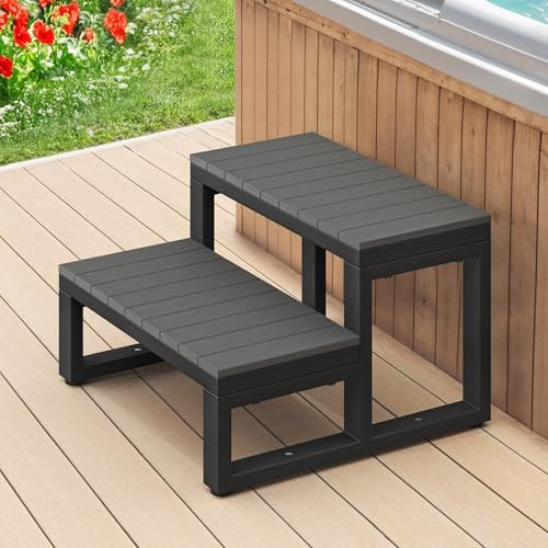 LUE BONA 2-Step Outdoor Spa Steps, HDPS Hot Tub Steps with Non-Slip Surface & Aluminium Frame, Caravan Steps for Spa, Deck, 60 x 53 x 38 cm, Dark Grey