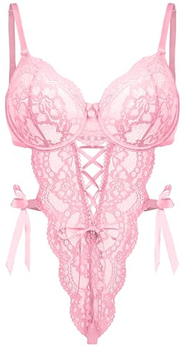 EVELIFE Body da Donna Sexy in Pizzo, Bodysuit con Scollo a V, Body Babydoll con Straps, Lingerie con Fiocco di Raso Laterale, Teddy in Pizzo, Intimo Sexy S-XXL, Colore: rosa., L