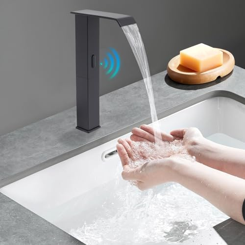 Rubinetto per lavabo da appoggio con sensore Automatico, Miscelatore touchless, Rubinetto a infrarossi con Temperatura Regolabile, Nero, Rubinetto a Batteria Senza Contatto, distan
