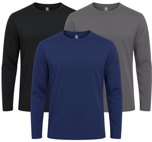 Style Horizon 3 Pack Mens Long Sleeve Crewneck Tshirts, 100% Cotton Casual Round Neck Full Sleeved Tops
