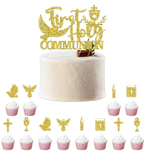 Topper Prima Comunione per Torta – Set da 13 Decorazioni per Torte, 1 Prima Comunione e 12 Decorazioni per Cupcake in 6 Stili, Materiale Sicuro e Luminoso, Ideale per Festa di Prima Comunion