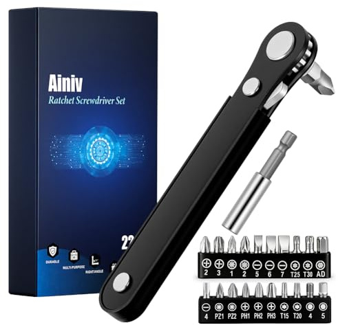 Ainiv 22PCS Mini Ratchet Wrench, 15-Tooth Right Angle Magnetic Screwdriver | Mini Ratchet Set for Tight Spaces | 1/4 Reversible Small Ratcheting Wrench with 1 Extension Rod and 20 Screwdriver Bits