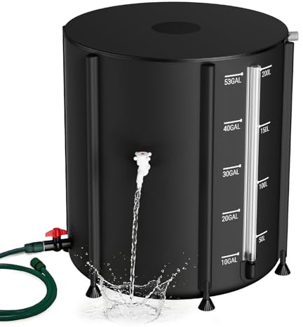 SKM 53 Gallon Collapsible Rain Barrel, PVC Rainwater Collection System Water Tank Storage, Portable Rain Water Collection Barrel for Outside/Lawn/Garden, Container with Overflow Kit & Spigot, Black