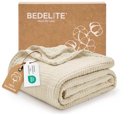 BEDELITE Musselin Decke 127x177cm Erwachsene Tagesdecke Baumwolle, Beige