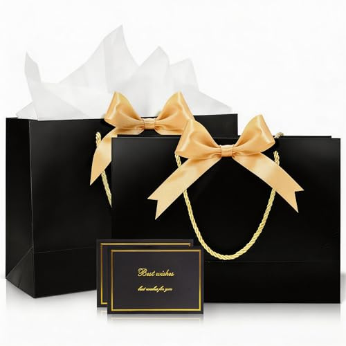 Sacchetti Regalo Medi Neri, 2 Sacchetti Regalo con 4 Fogli di Carta Velina e 2 Biglietti di Auguri, per Compleanno Feste, Matrimoni, San Valentino, Souvenir, Confezioni Regalo