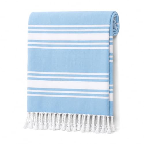 Adore Cotton Rich Hammam Beach Towel 90 x 170cm - Blue Stripe | Lightweight Turkish-Style Flatweave With Tasselled Edges And A Quick-Drying Finish For Travel, Pool, Sauna And Holidays