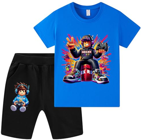 Duoxinbos Roblox Short Tracksuit Boys 100% Cotton T-Shirts and Shorts 2 Piece Set,Kids Girls Youtuber Teen Game Character Summer Short Sleeve for 1-12Y
