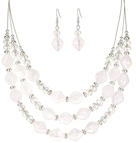 FULU AUTUMN Ensemble Collier Multirang et Boucles d'oreilles en Résine à Grosses Perles - Parure Bijoux Fantaisie Cadeau Mode pour Femme